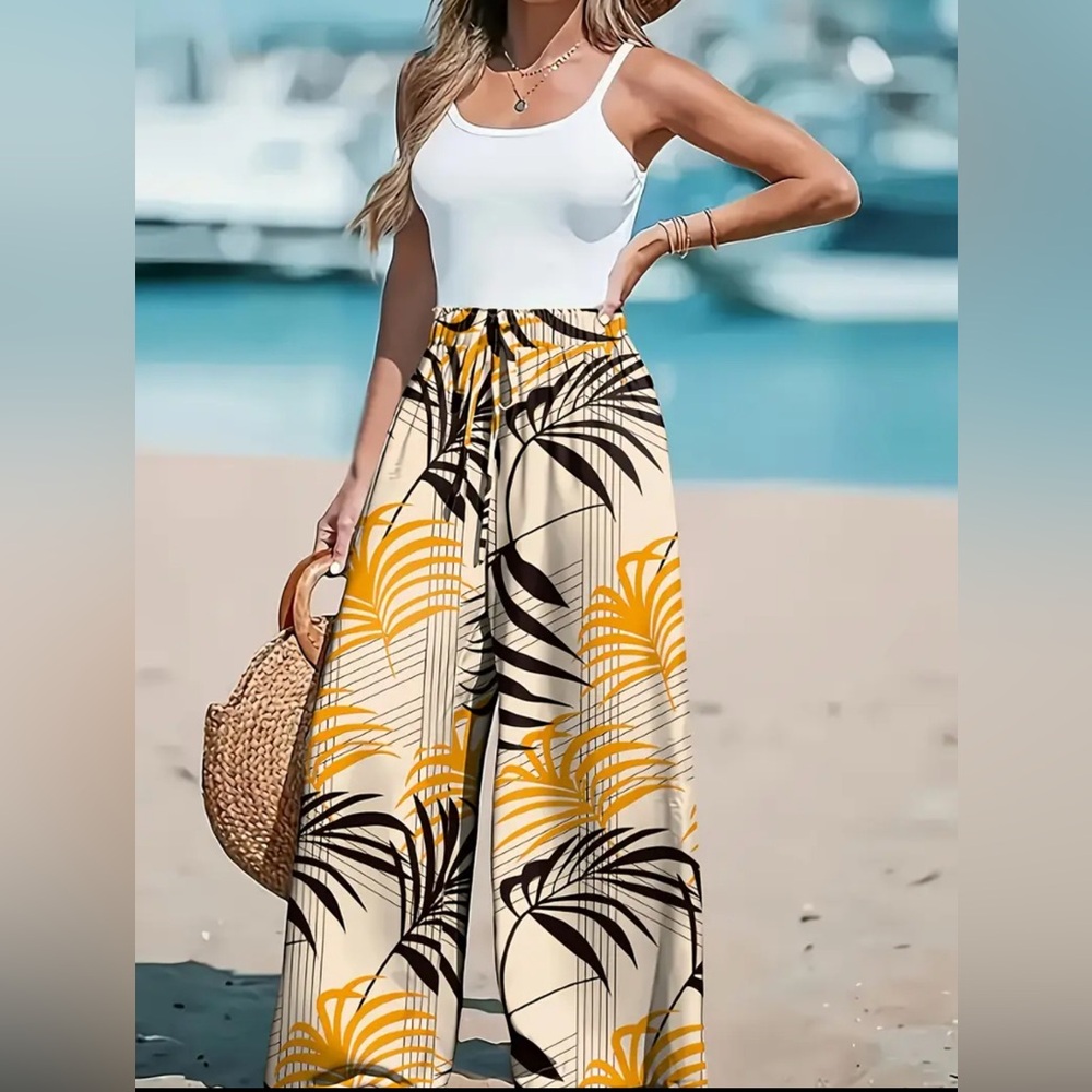 Women’s Tropical Palm Leaf Wide-Leg Pants – Size L - Picture 3 of 6